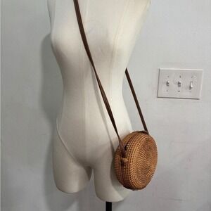 Asos Woven Round Rattan Crossbody Canteen Bag Tan Boho Straw Circle Purse